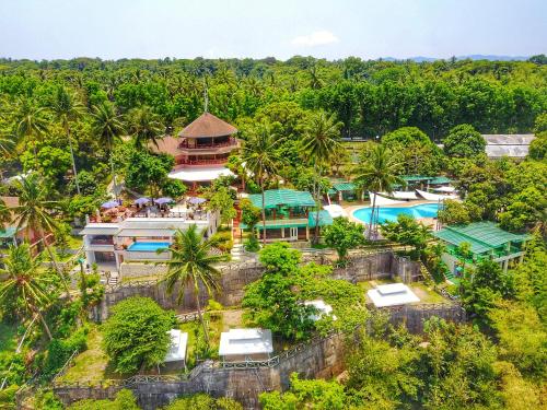eine Luftansicht eines Resorts mit Pool und Bäumen in der Unterkunft Noni's Resort in Alitagtag