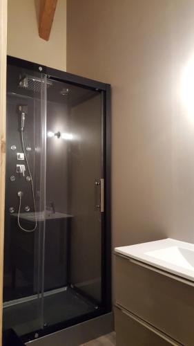 une douche en verre dans une salle de bain avec un lavabo dans l'établissement Le Chalet d'Augusta, à Bourg-Saint-Maurice