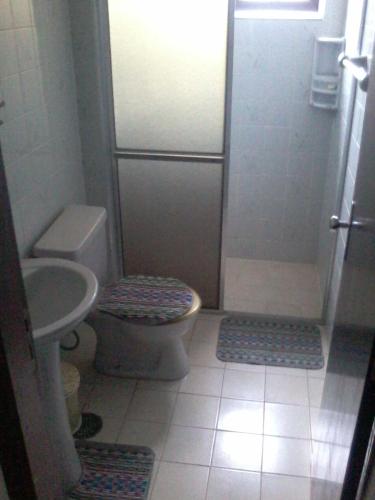a bathroom with a toilet and a shower and a sink at Apartamento na Praia Grande in Praia Grande