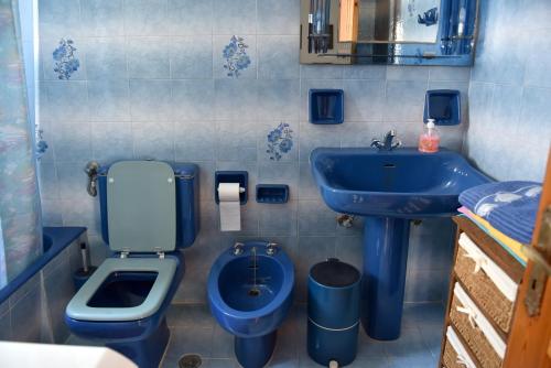 a bathroom with a blue toilet and a sink at Amaryllis Guest House in Hydra