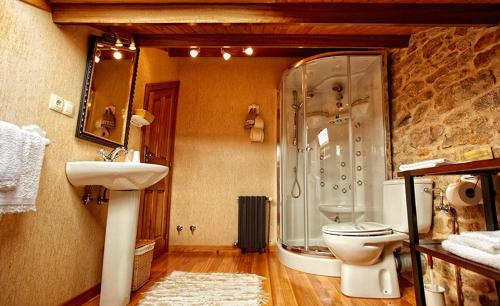 a bathroom with a shower and a toilet and a sink at Casa do Mudo in Cervo