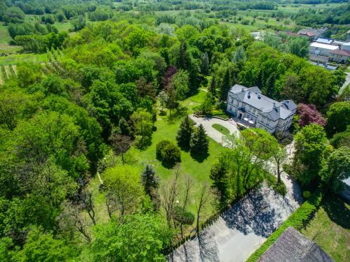 an aerial view of a house in the forest at Biały Pałac Palczew in Palczew