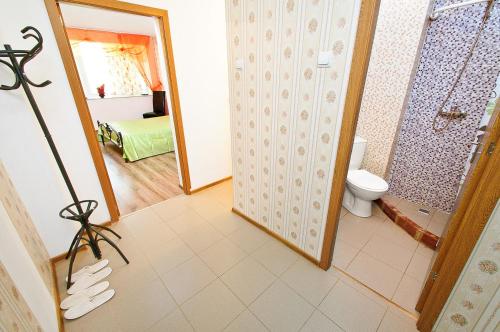 a bathroom with a toilet and a mirror at Apartament Gina2 in Galaţi