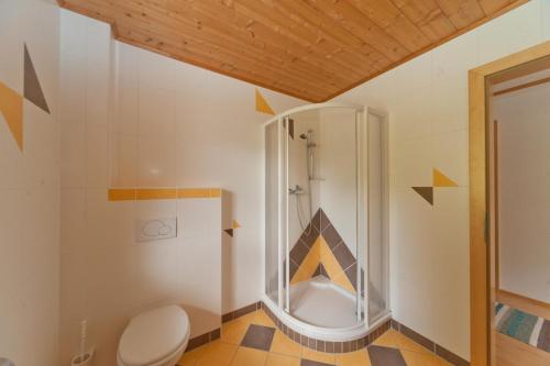 a bathroom with a shower and a toilet at Haus Taumberger in Sankt Jakob in Defereggen