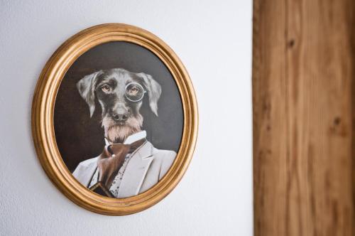 a picture of a dog in a suit in a mirror at Boutique Appartments AlteGreißlerei in St. Wolfgang