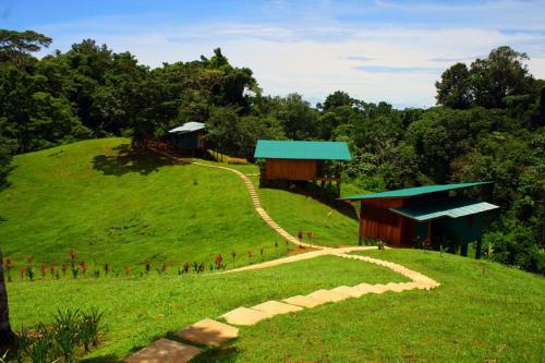 a green hill with a building and a path at Hotel Finca Maresia in Drake