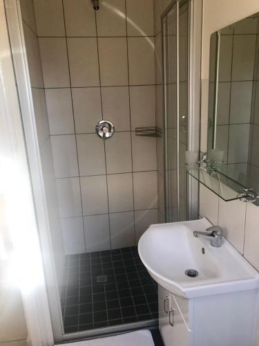 a bathroom with a sink and a shower at Anka Lodge in Johannesburg