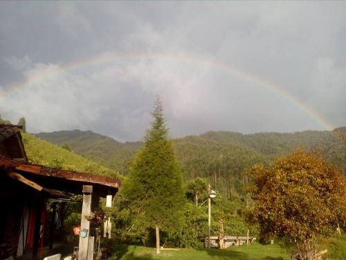 a rainbow in the sky over a tree and a house at Tarragona Hostal in Santa Rosa de Cabal
