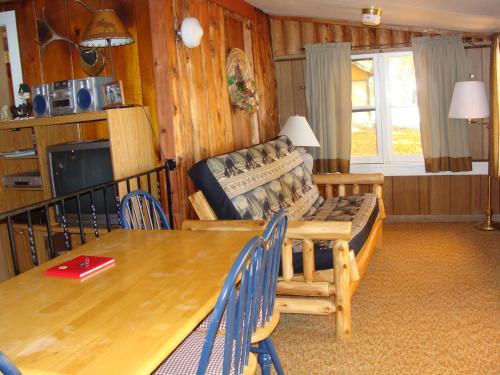 - un salon avec un canapé et une table dans l'établissement Perch Inn Cabin, à Phelps