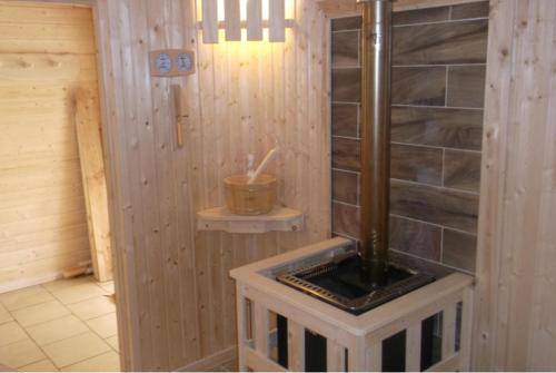 a room with a shower in a wooden cabin at Domki u Piotra in Solina