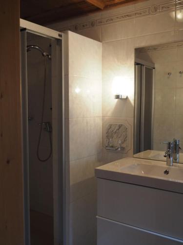 a bathroom with a sink and a shower with a mirror at Tannenhof - Lofer in Lofer