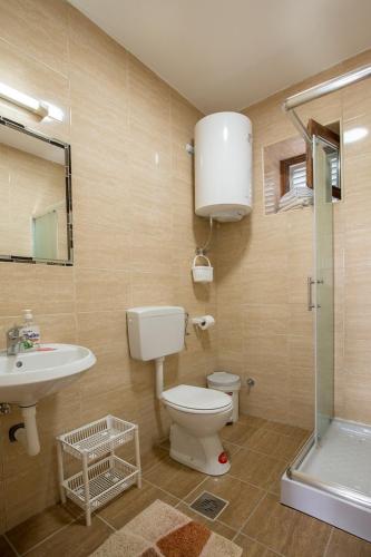 a bathroom with a toilet and a sink and a shower at Dve kuce pored jezera in Palić