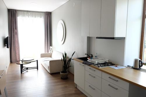 a kitchen with white cabinets and a living room at Owl Apartments in Kaunas