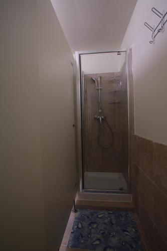 a shower in a bathroom with a glass shower stall at Hostel Adriatic Piran in Piran