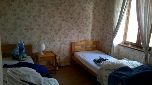Granges-sur-VologneにあるLa Boulangerieの窓付きの小さな部屋のベッド2台