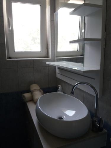 - un lavabo blanc dans une salle de bains avec deux fenêtres dans l'établissement Apartment D&D, à Bibinje
