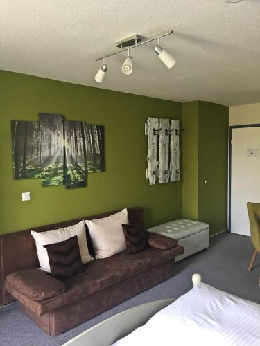 a living room with a couch and green walls at Hof Kranichstein in Kluis