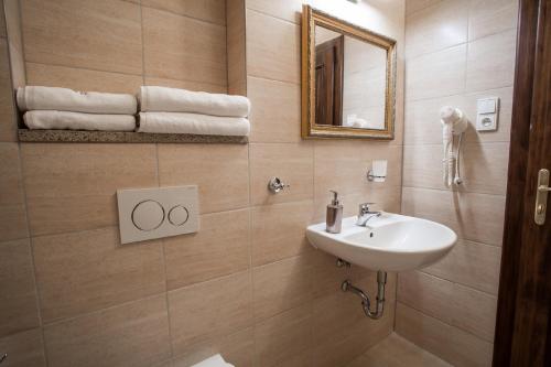 a bathroom with a sink and a mirror and towels at Pension PREMIUM in Český Krumlov