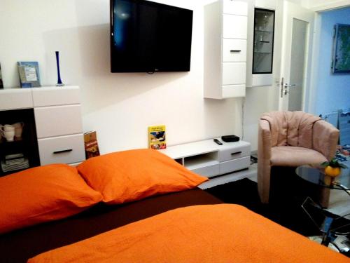 a bedroom with a bed and a tv on the wall at Ferienwohnungen am Krossinsee in Berlin