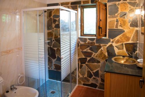 a bathroom with a shower and a toilet and a sink at Recanto Da Ribeira Casas De Campo in Monchique