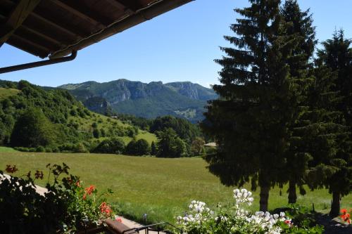 a view of a green field with mountains in the background at Rifugio Monte Baldo in Avio