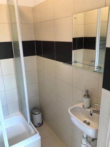 a bathroom with a sink and a shower at Borowiak in Szteklin