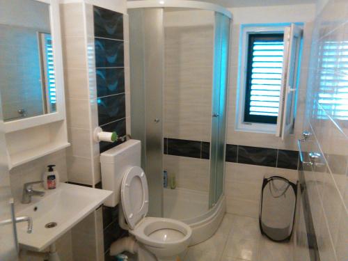 a bathroom with a shower and a toilet and a sink at Apartment More Sumartin in Sumartin