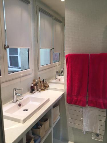 La salle de bains est pourvue de 2 lavabos et de 2 serviettes rouges. dans l'établissement Appartement Saint-Dominique 7 eme, à Paris