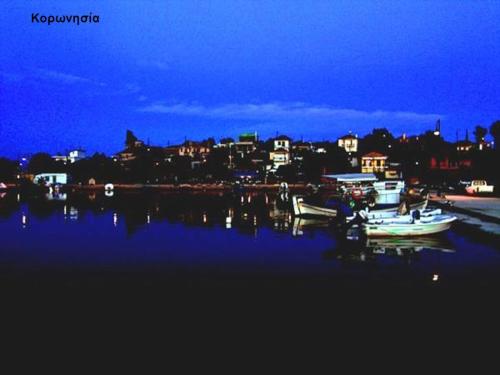 a group of boats sitting in the water at night at Koronisia Apartments in Koronisia