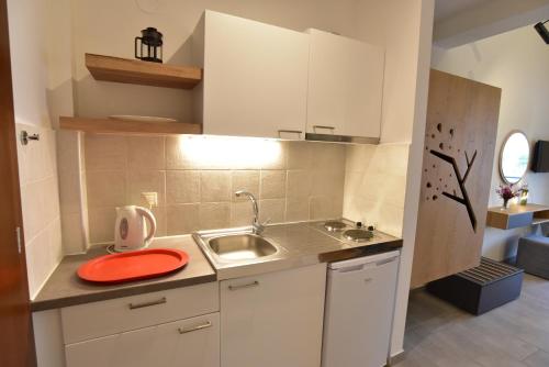 a kitchen with a sink and a red plate on the counter at Issalos Studios in Skala Potamias