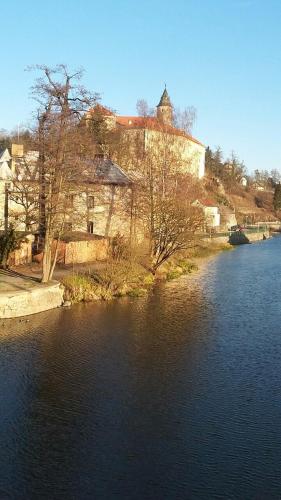 a view of a river with buildings and trees at Old Style Cottage in Horní Paseka