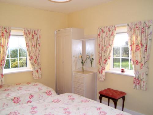 a bedroom with a bed and two windows at Findus House, Farmhouse Bed & Breakfast in Macroom