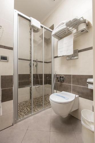 a bathroom with a shower and a toilet in it at Hotel Piacenza in Milan