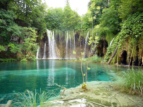 a pool of water in front of a waterfall at Rooms Marina in Korenica