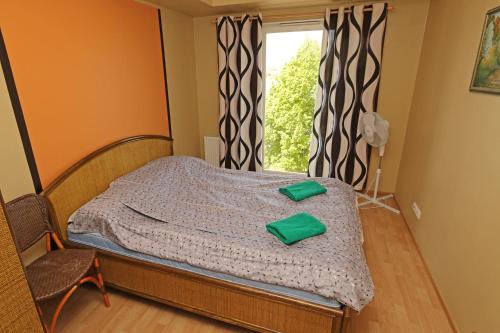 ein Schlafzimmer mit einem Bett mit grünen Kissen darauf in der Unterkunft Ringi 37 Apartment in Pärnu