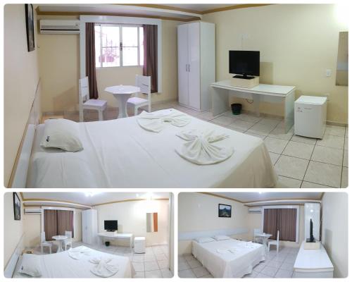 two pictures of a bedroom with a bed and a living room at Hotel Brotas in Afogados da Ingàzeira