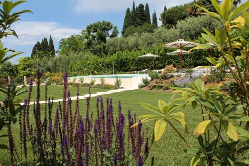 a garden with purple flowers and a swimming pool at Ca Muretta Relais in Bardolino