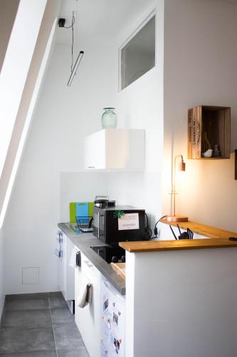 une cuisine avec un comptoir avec un micro-ondes dans l'établissement Appartements de Jeanne, à Lille