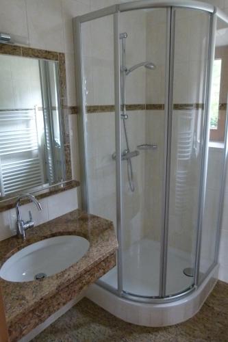 a bathroom with a shower and a sink at Haus Hönegger in Mariapfarr