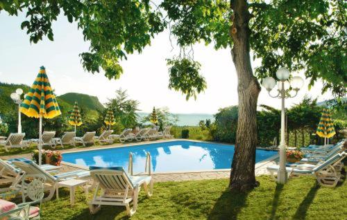 a swimming pool with lounge chairs and a tree at Residenza Panorama in Costermano