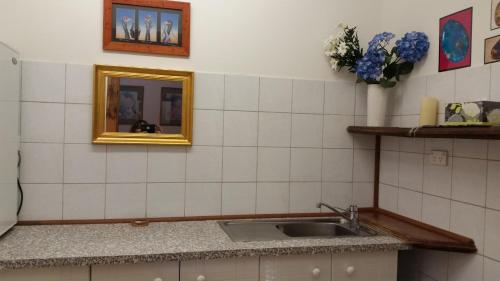 a kitchen with a sink and a mirror at Sonja's Bed and Breakfast in Lightning Ridge