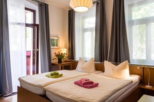 Un pat sau paturi într-o cameră la Pension an der Pillnitzer Schlossfähre