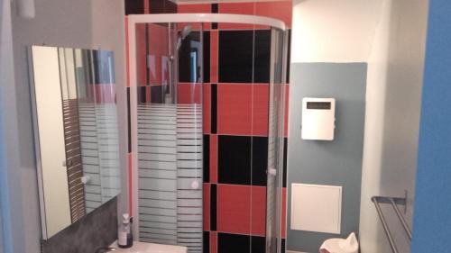 bagno con doccia, specchio e scala di L'oiseau bleu a Salin-de-Giraud