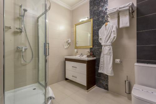 a bathroom with a shower and a sink at De Volan Boutique Hotel in Odesa