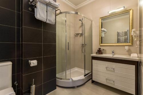 a bathroom with a shower and a sink at De Volan Boutique Hotel in Odesa