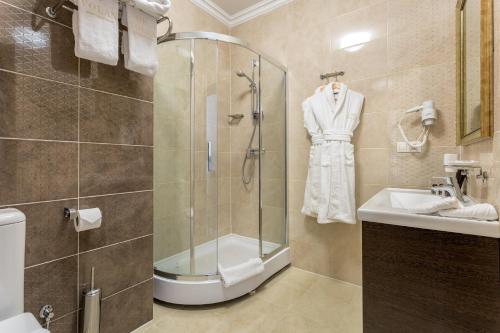 a bathroom with a shower and a sink at De Volan Boutique Hotel in Odesa