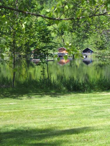 a view of a lake with houses in the distance at Pension Alpenhof in Bad Aussee