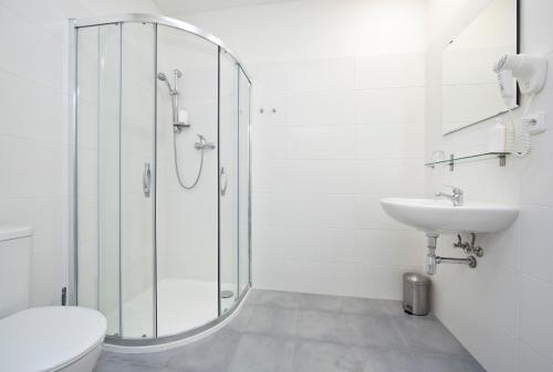 a bathroom with a shower and a toilet and a sink at Rozmaryn Rooms & Apartments in Rakovník