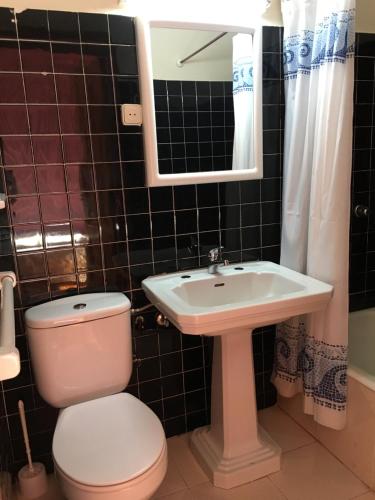 a bathroom with a toilet and a sink and a mirror at San Nicolas el Real in Villafranca del Bierzo