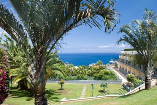 
a beach with palm trees and palm trees at Madeira Panorâmico Hotel in Funchal
